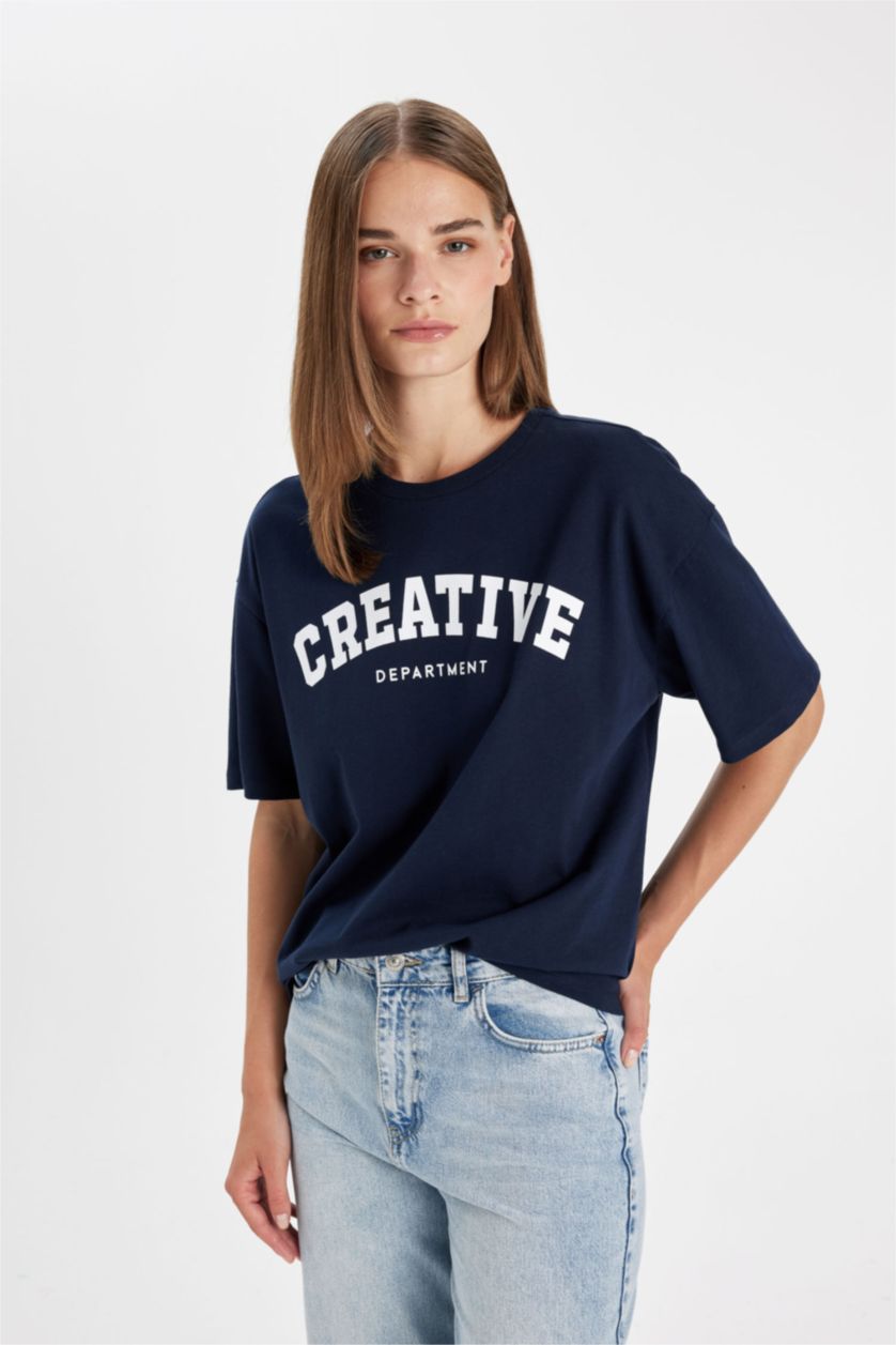 Kadın Lacivert Oversize Geniş Kalıp Bisiklet Yaka Baskılı Kısa Kollu Tişört