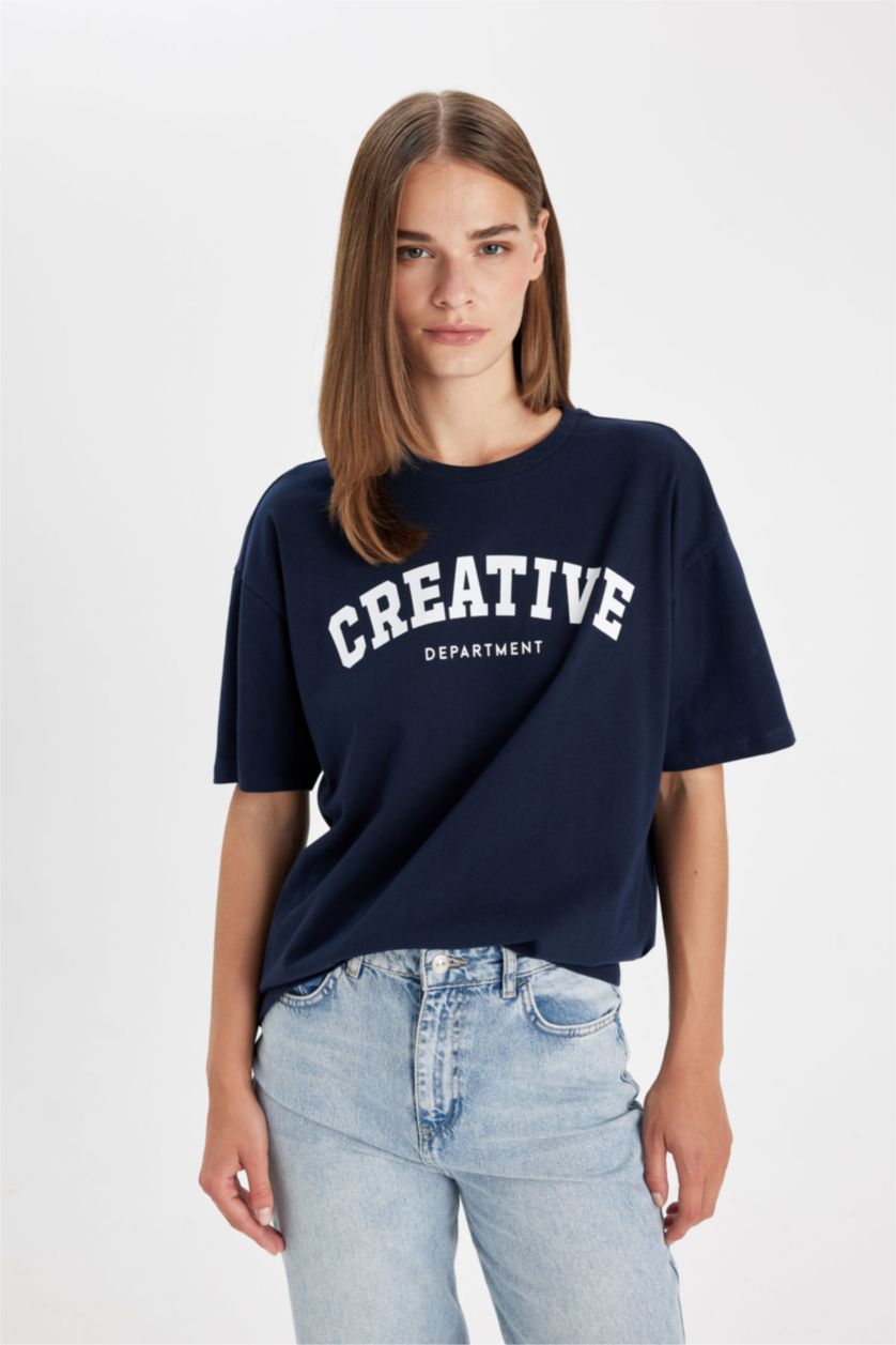 Kadın Lacivert Oversize Geniş Kalıp Bisiklet Yaka Baskılı Kısa Kollu Tişört
