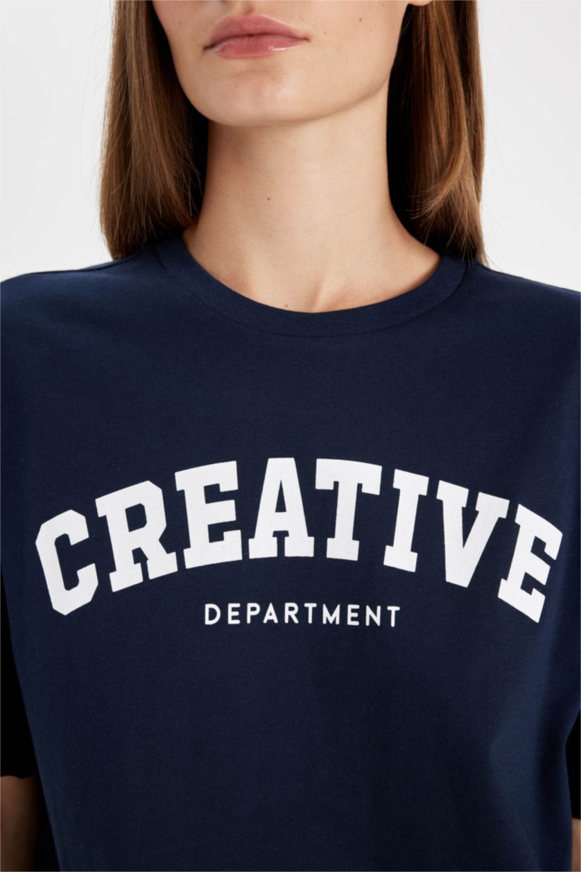 Kadın Lacivert Oversize Geniş Kalıp Bisiklet Yaka Baskılı Kısa Kollu Tişört