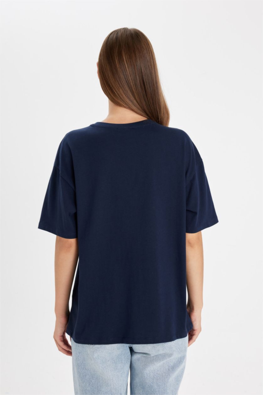 Kadın Lacivert Oversize Geniş Kalıp Bisiklet Yaka Baskılı Kısa Kollu Tişört