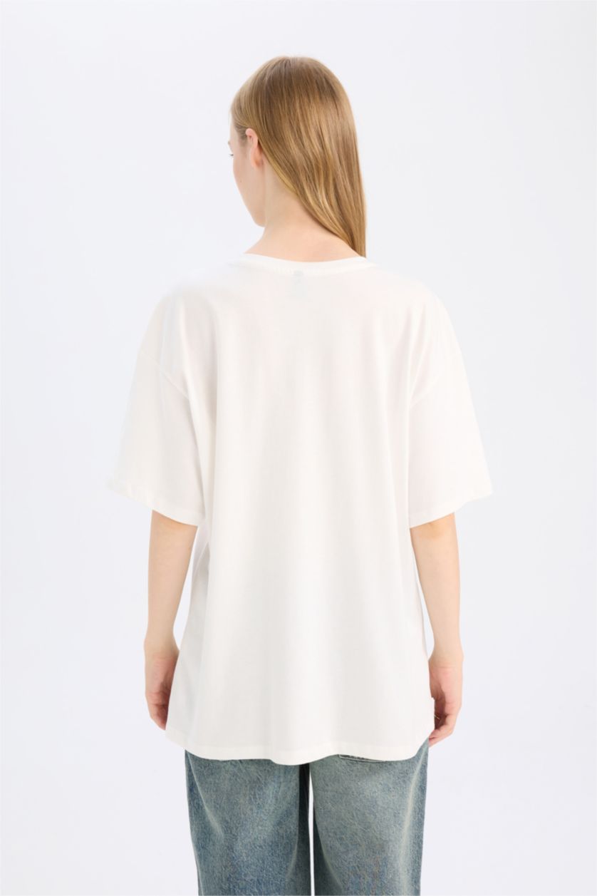 Kadın Ekru Oversize Geniş Kalıp Bisiklet Yaka Baskılı Kısa Kollu Tişört