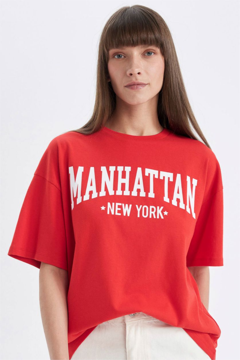 FEMME Rouge T-Shirt Oversize imprimé à manches courtes Col rond