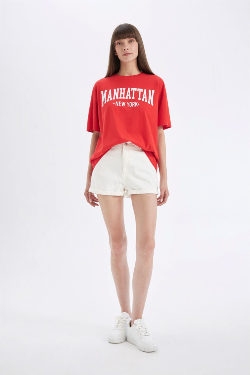 FEMME Rouge T-Shirt Oversize imprimé à manches courtes Col rond