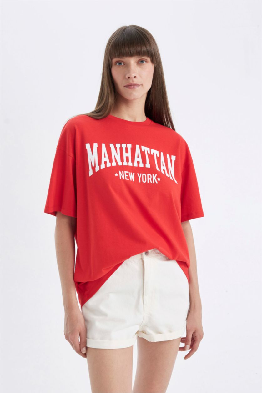 FEMME Rouge T-Shirt Oversize imprimé à manches courtes Col rond