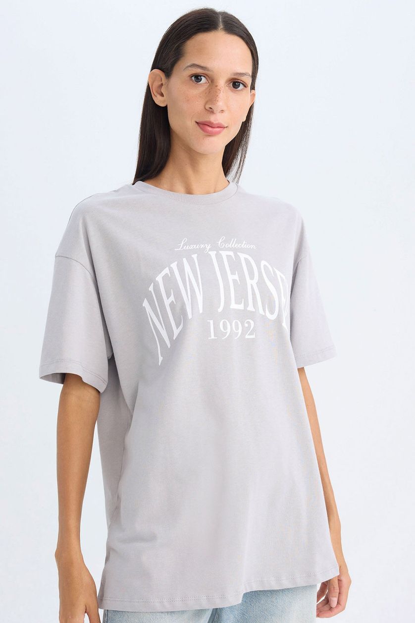 WOMAN Grey Oversize Crew Neck Printed T-Shirt
