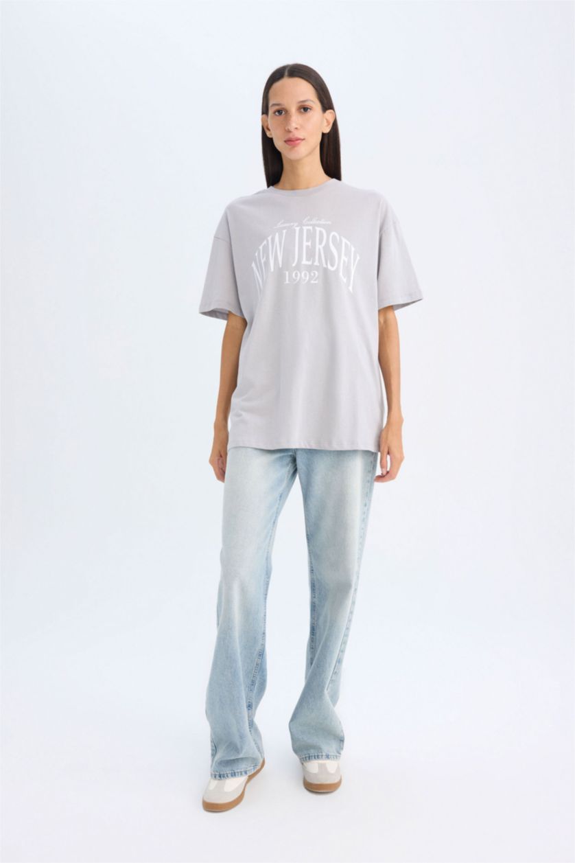 WOMAN Grey Oversize Crew Neck Printed T-Shirt