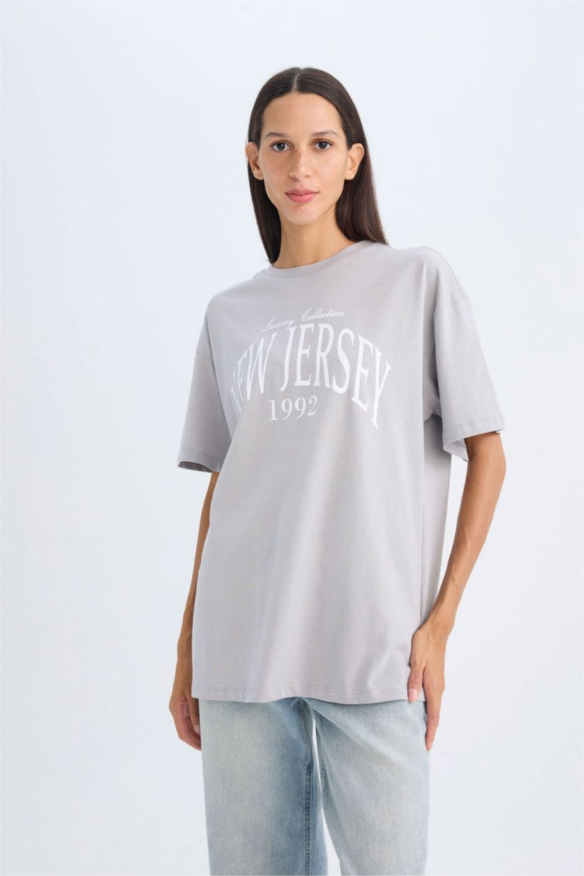 WOMAN Grey Oversize Crew Neck Printed T-Shirt