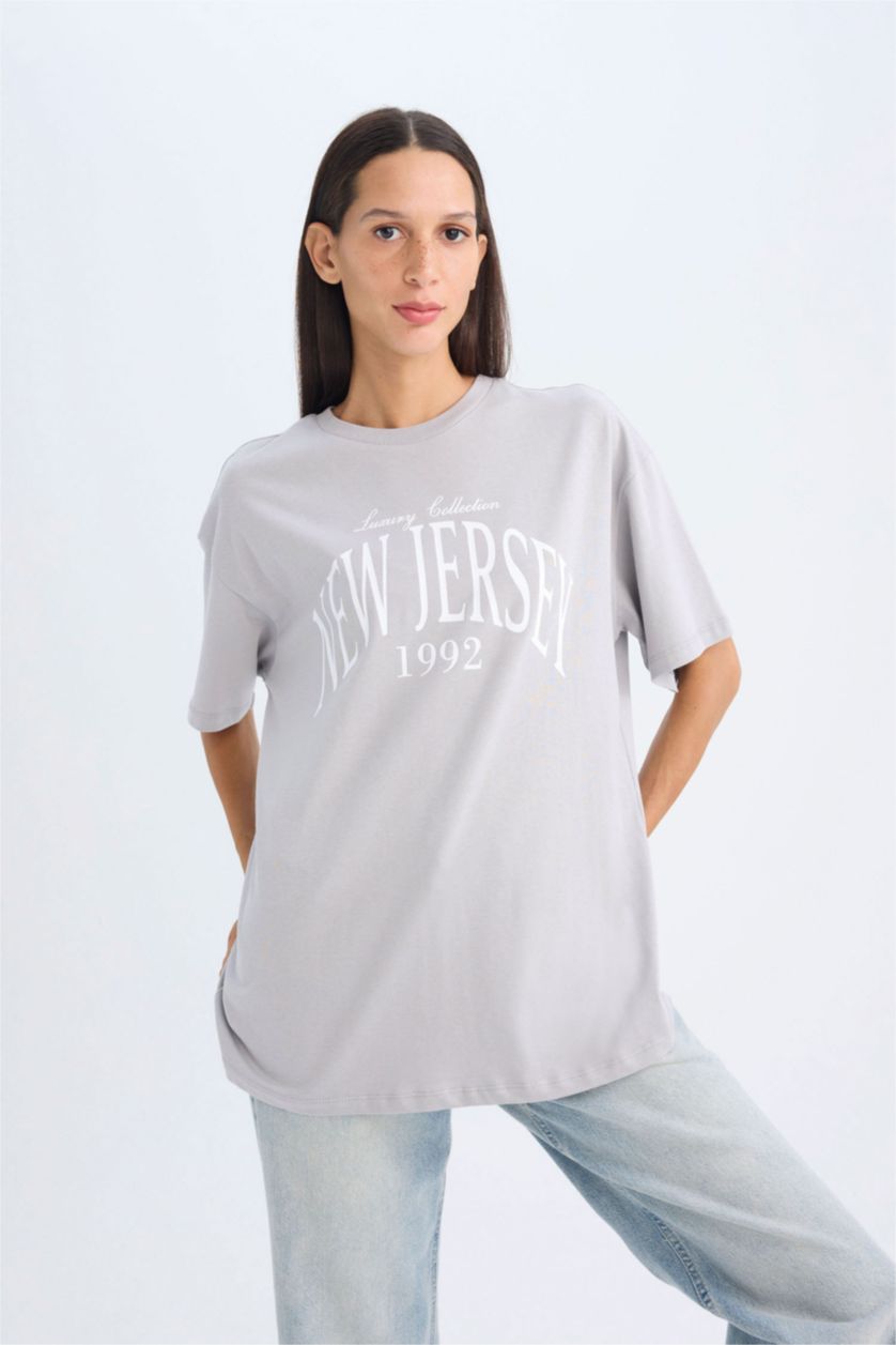 WOMAN Grey Oversize Crew Neck Printed T-Shirt