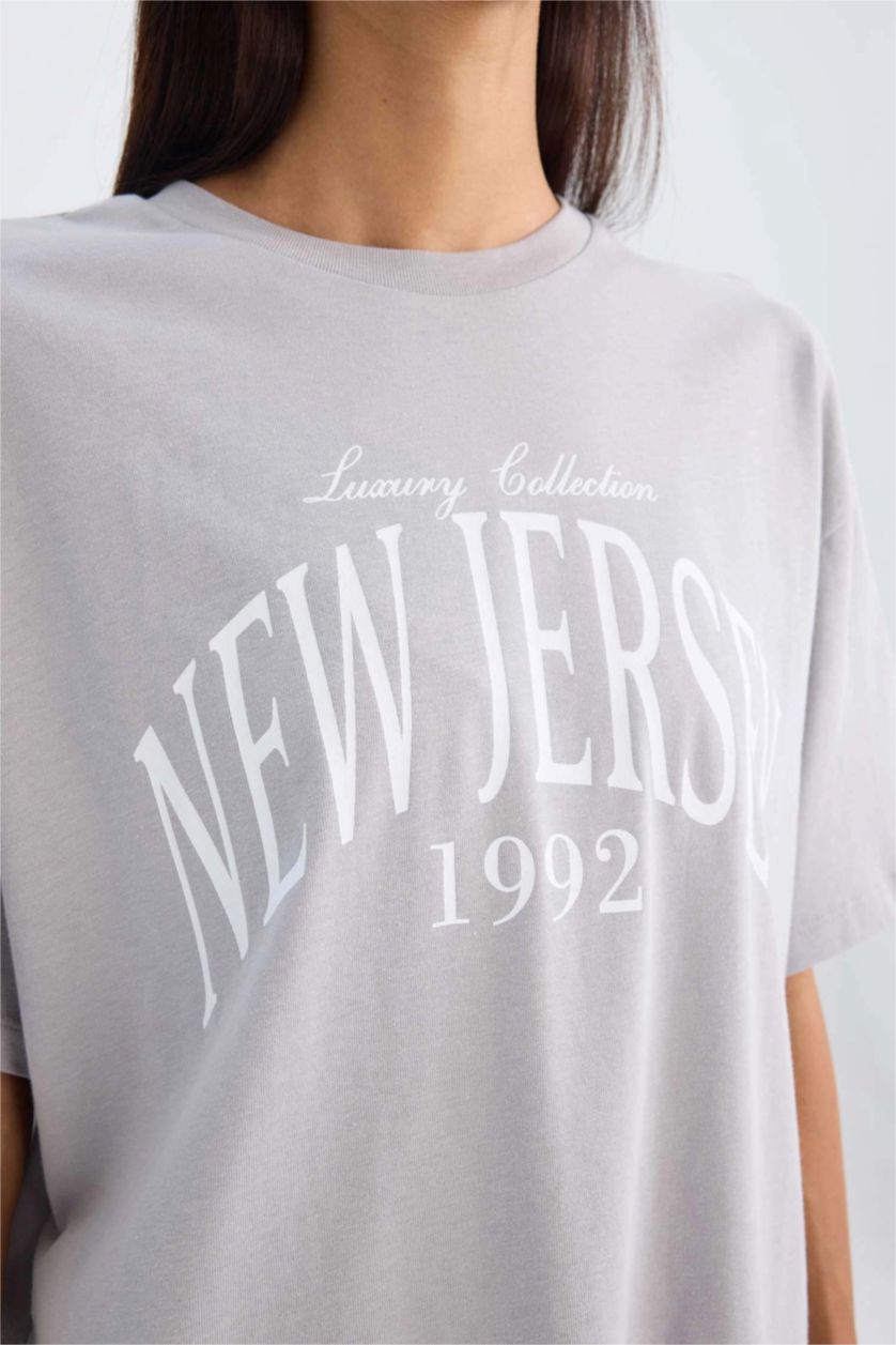 WOMAN Grey Oversize Crew Neck Printed T-Shirt