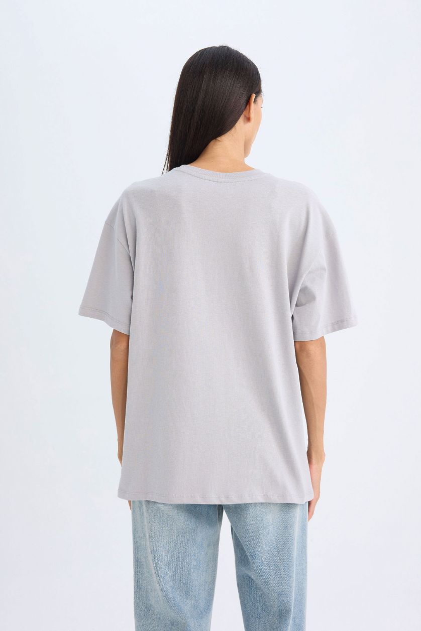 WOMAN Grey Oversize Crew Neck Printed T-Shirt
