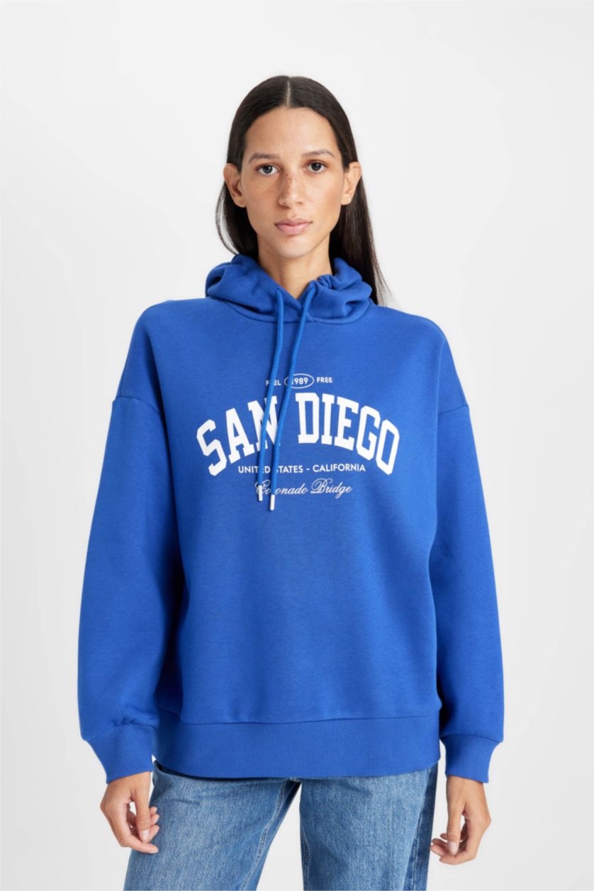 نساء أزرق فاقع Oversize Hooded Printed Thick Sweatshirt