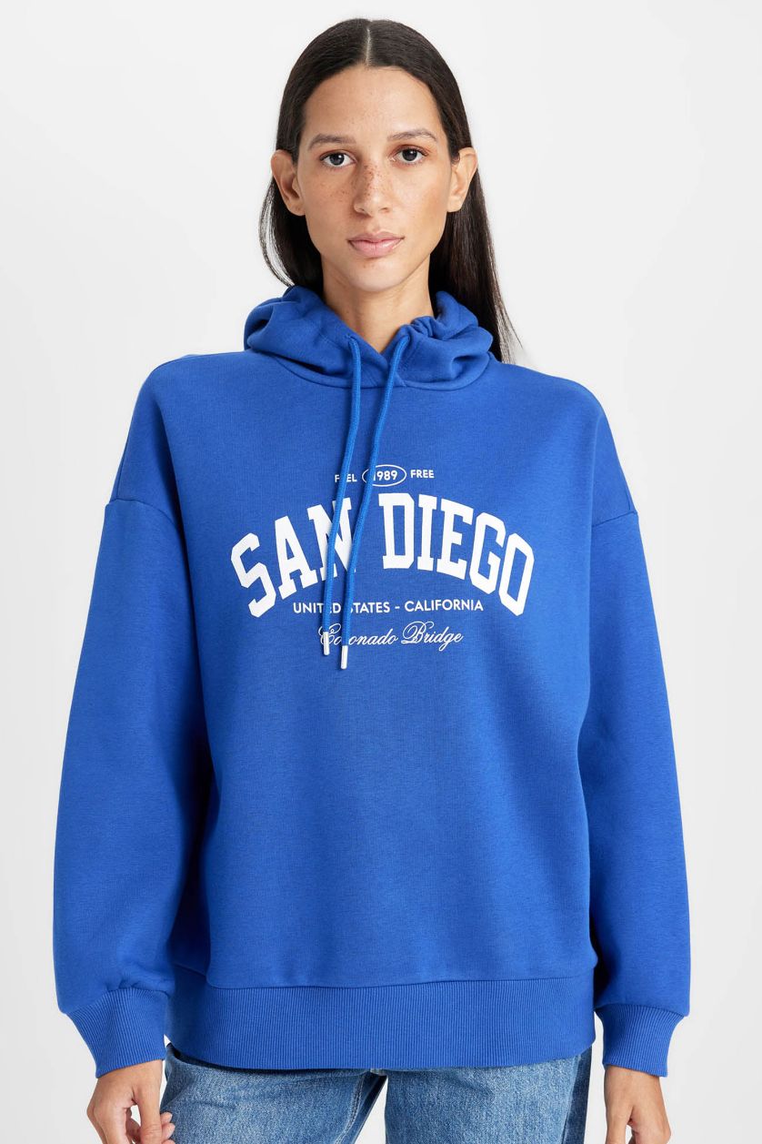 نساء أزرق فاقع سويت شيرت واسع ثقيل بغطاء للرأس