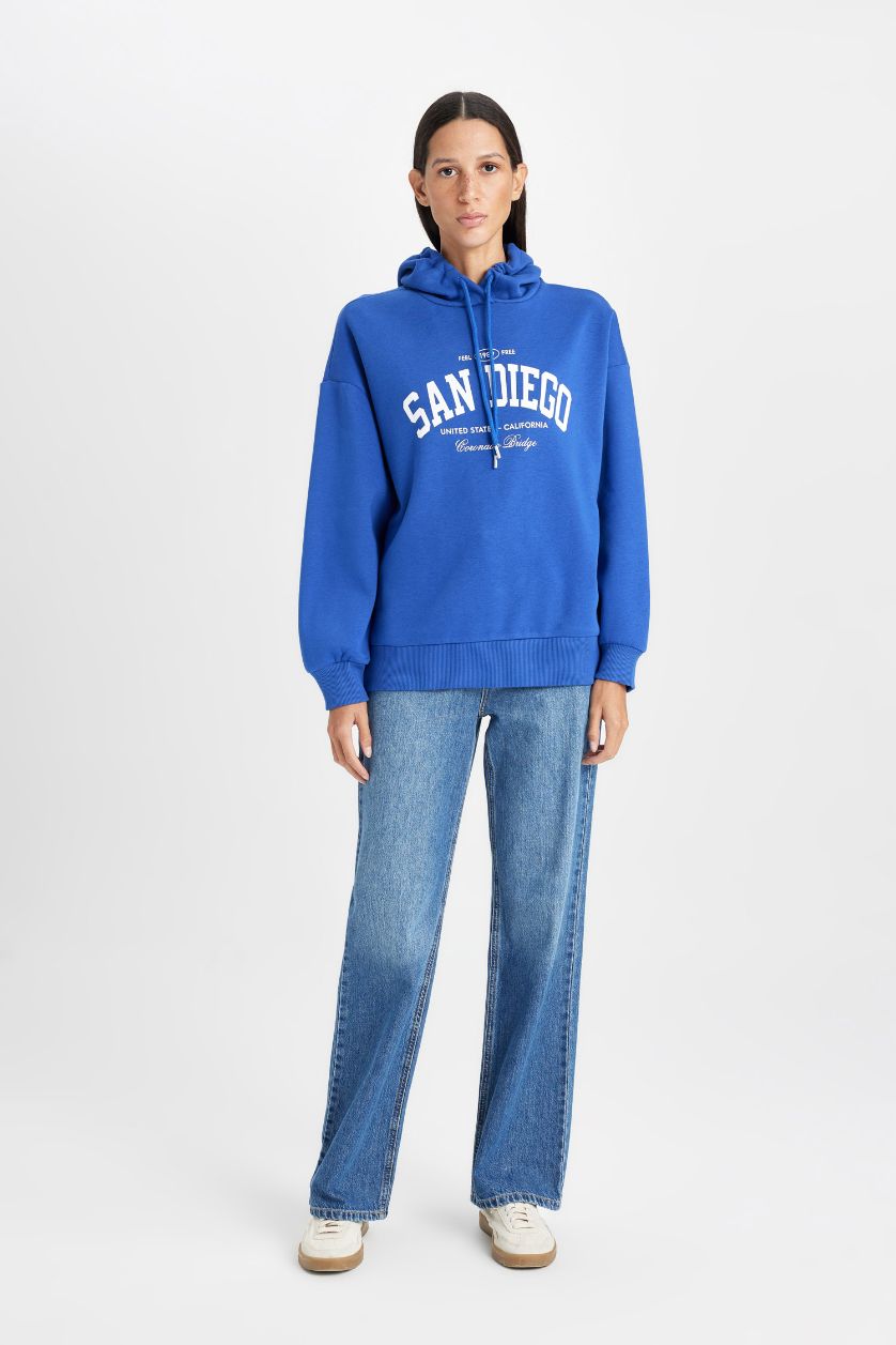 نساء أزرق فاقع سويت شيرت واسع ثقيل بغطاء للرأس