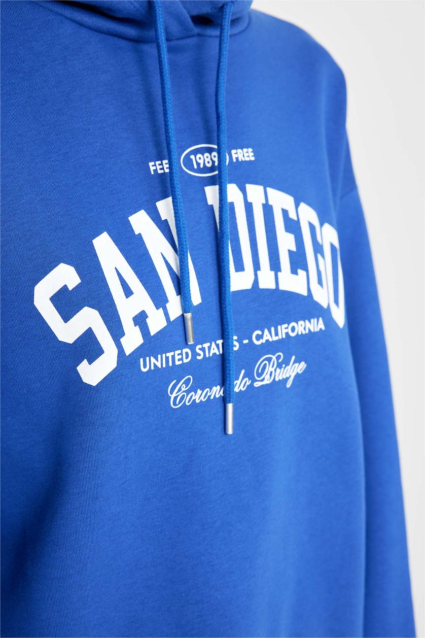 نساء أزرق فاقع سويت شيرت واسع ثقيل بغطاء للرأس