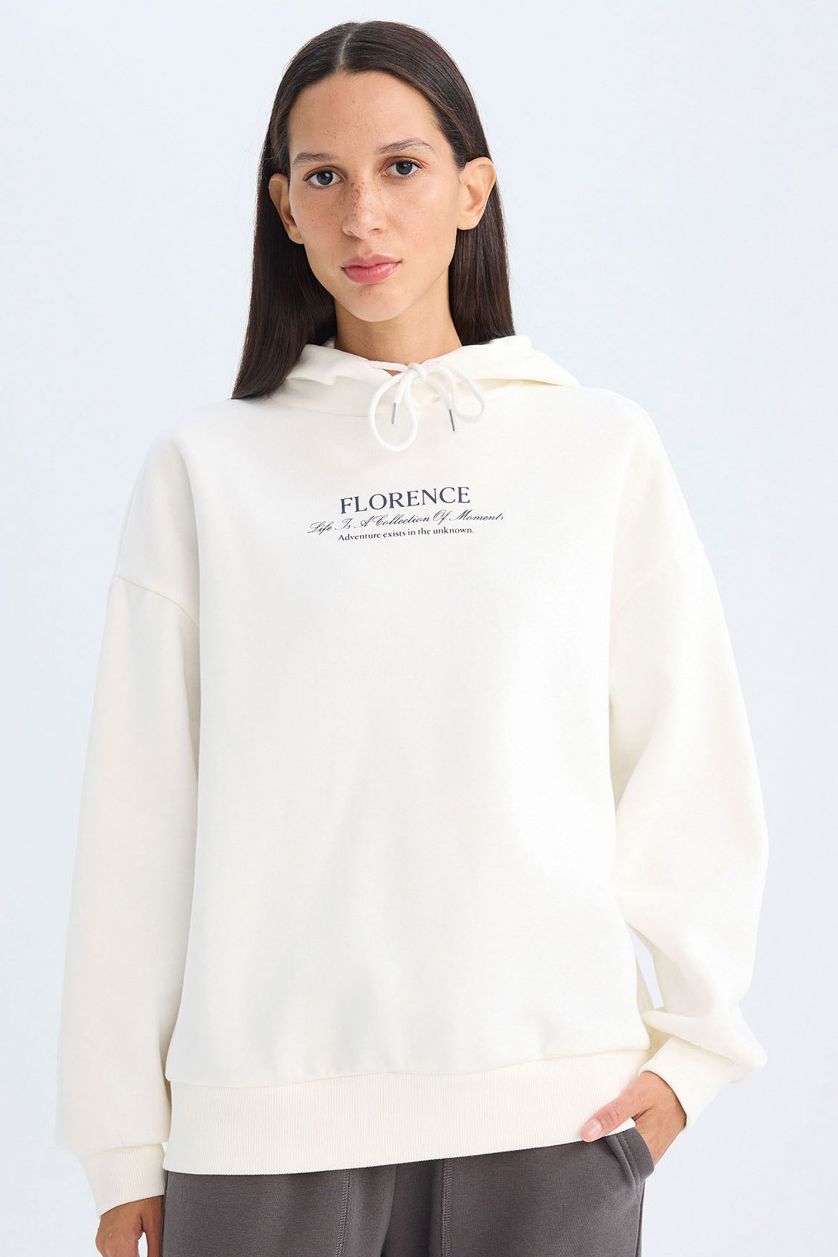 نساء بيج فاتح سويت شيرت كاجوال واسع بغطاء للرأس