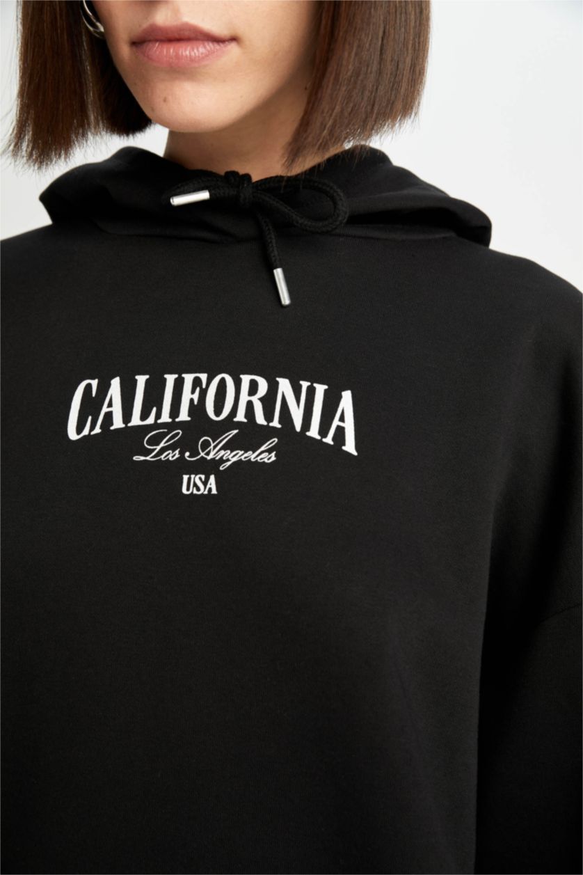 Kadın Siyah Oversize Geniş Kalıp Kapüşonlu Baskılı Kalın Sweatshirt