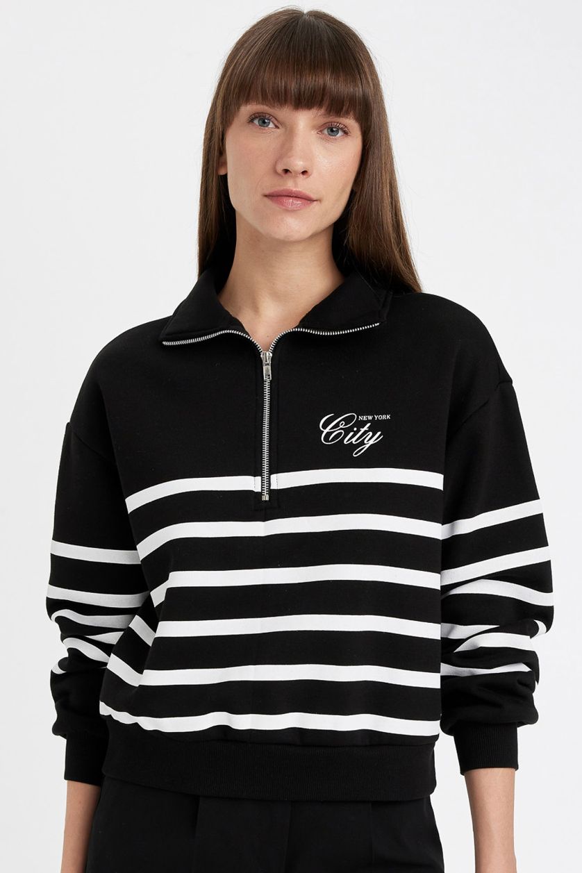 نساء أسود سويت شيرت كاجوال مخطط ثقيل قصة عادية بسحاب