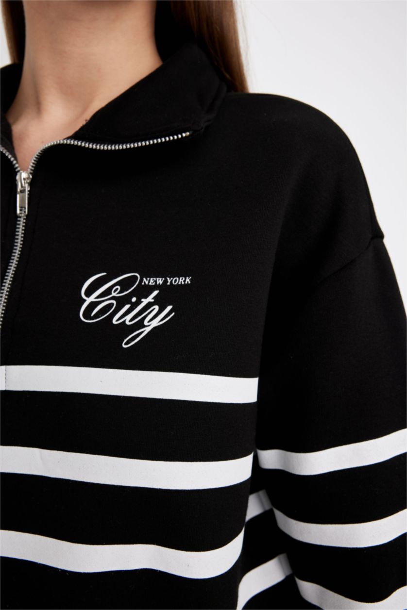 نساء أسود سويت شيرت كاجوال مخطط ثقيل قصة عادية بسحاب