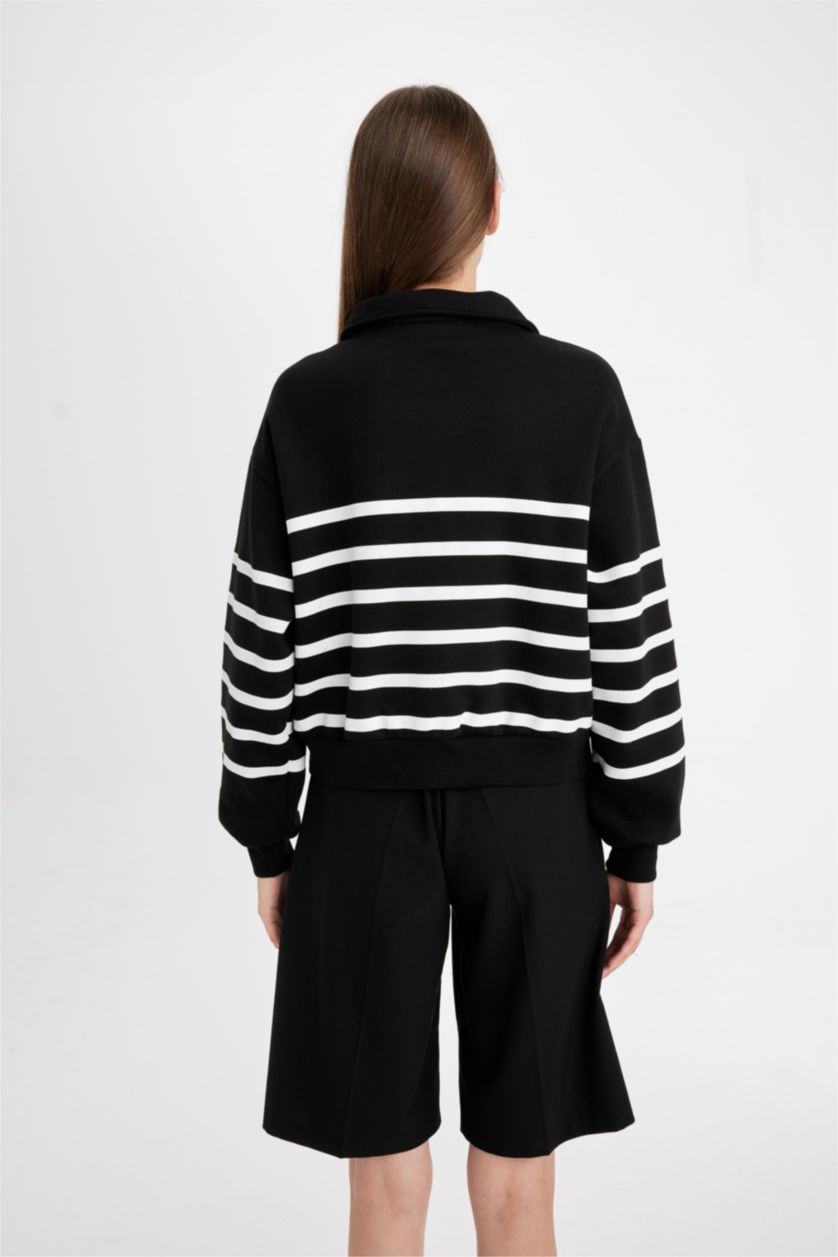 نساء أسود سويت شيرت كاجوال مخطط ثقيل قصة عادية بسحاب