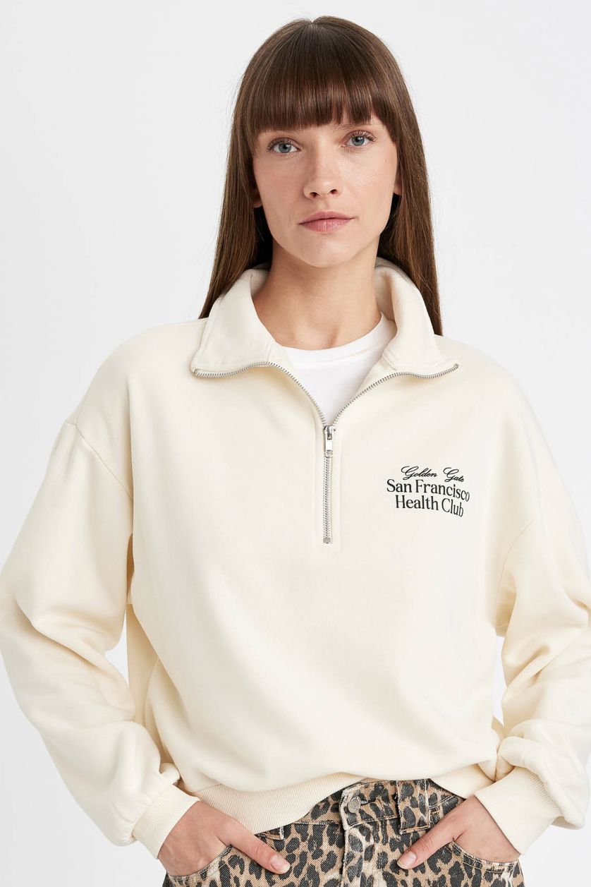 Kadın Kum Regular Fit Baskılı Yarım Fermuarlı Dik Yaka Kalın Sweatshirt