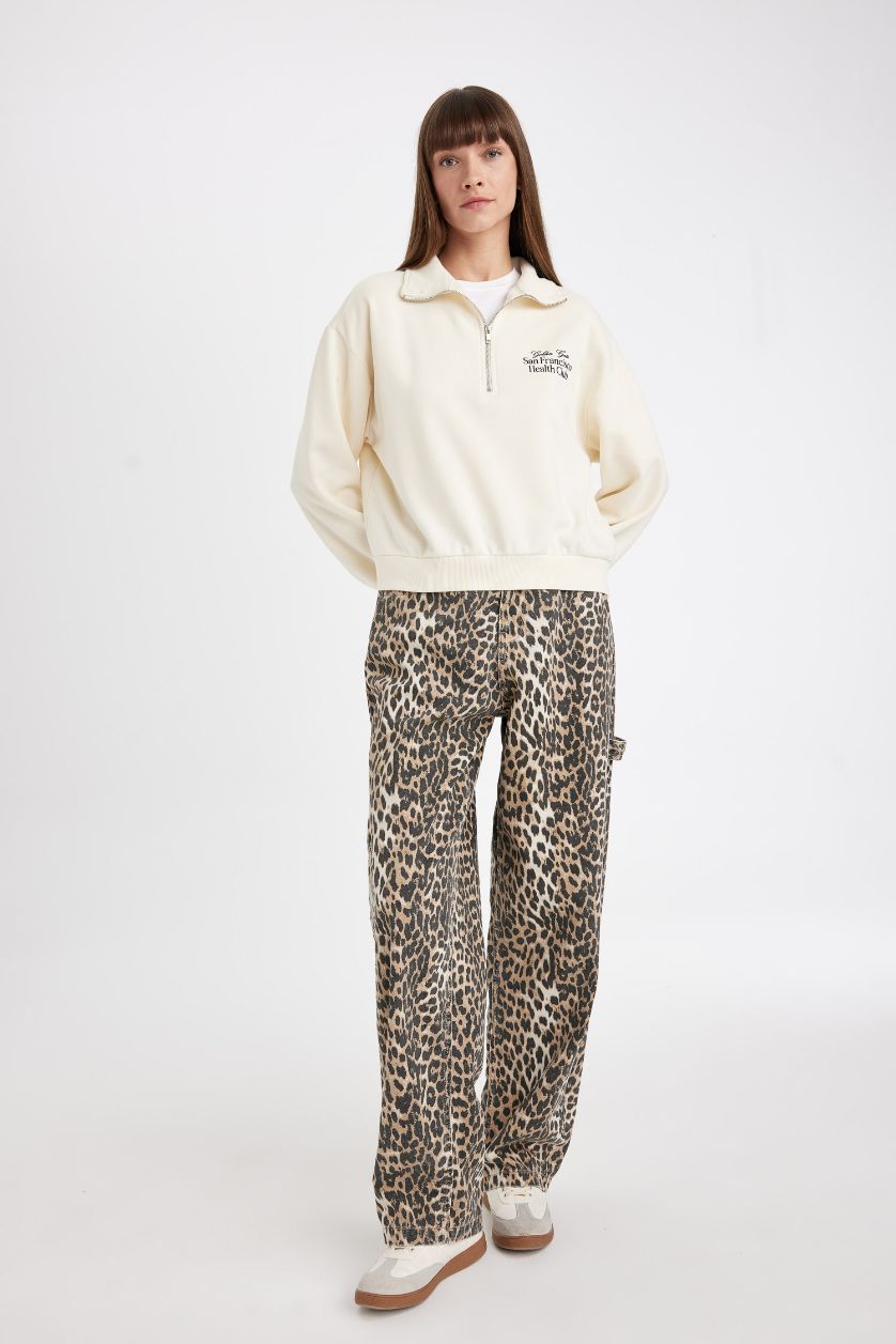 Kadın Kum Regular Fit Baskılı Yarım Fermuarlı Dik Yaka Kalın Sweatshirt