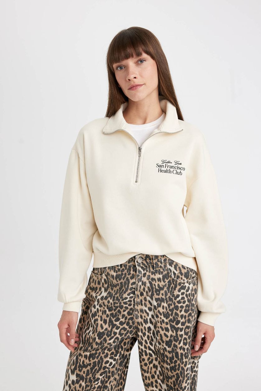 Kadın Kum Regular Fit Baskılı Yarım Fermuarlı Dik Yaka Kalın Sweatshirt