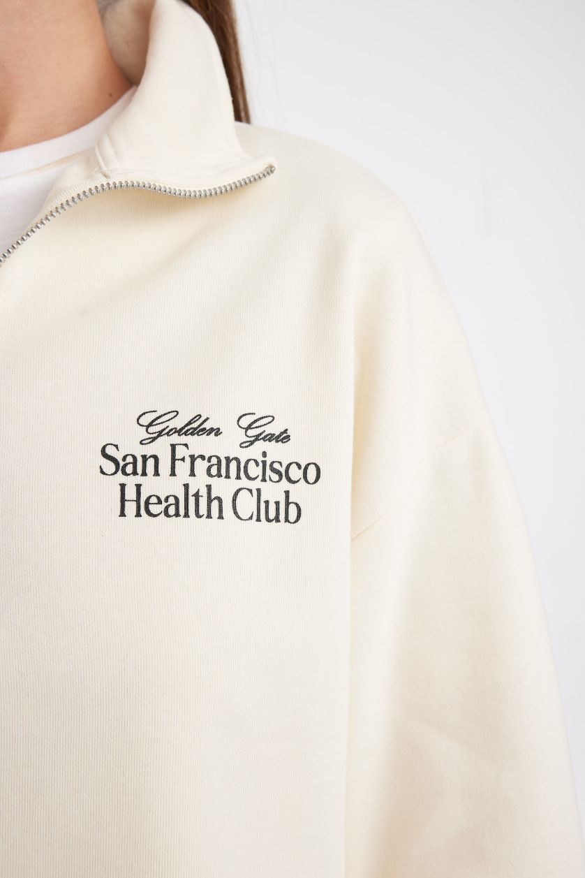 Kadın Kum Regular Fit Baskılı Yarım Fermuarlı Dik Yaka Kalın Sweatshirt