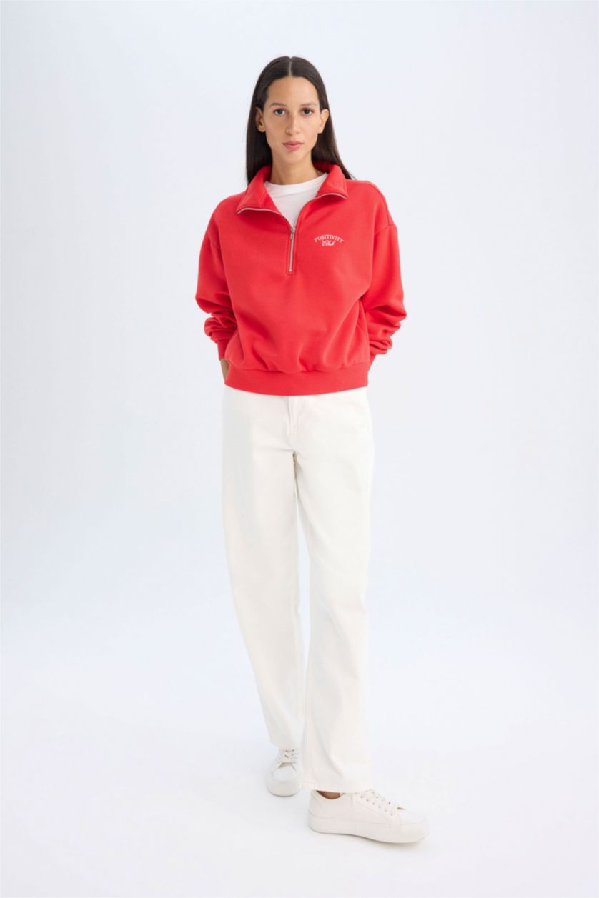 FEMME Rouge Sweat-shirt coupe régulière imprimé à manches longues à demi Fermeture éclair