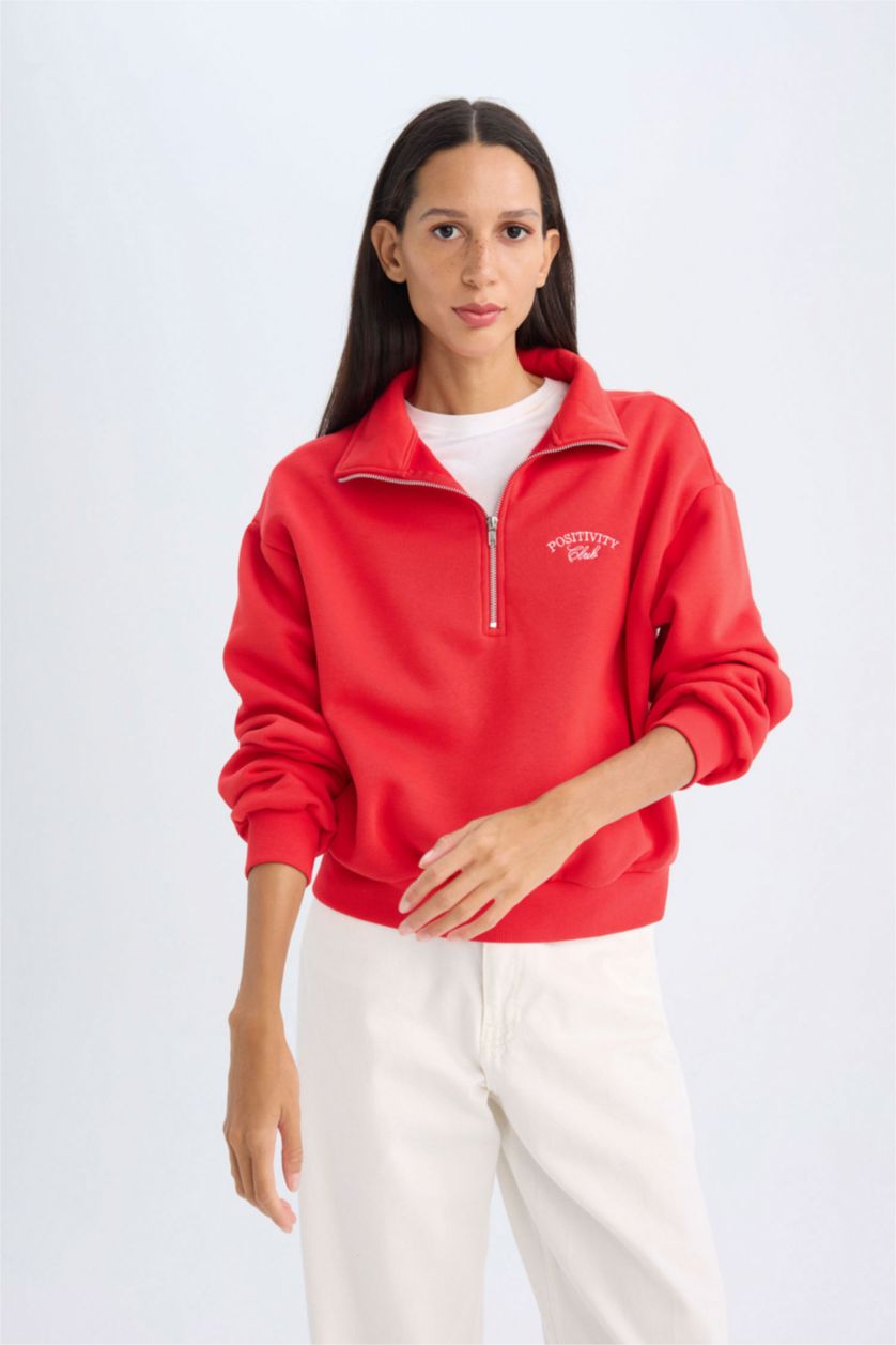 FEMME Rouge Sweat-shirt coupe régulière imprimé à manches longues à demi Fermeture éclair
