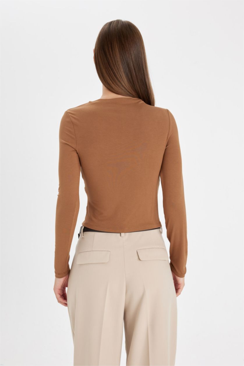 نساء جملي تيشيرت ردن طويل سليم فيت بياخة قارب