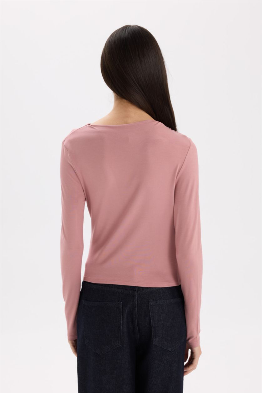 Kadın Gülkurusu Slim Fit Dar Kesim Kayık Yaka Basic Düz Uzun Kollu Bluz