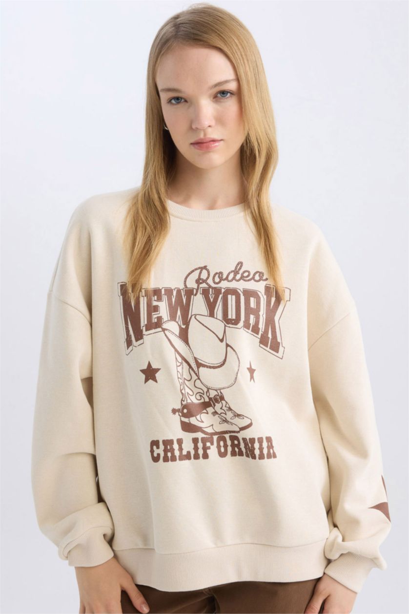 FEMME Beige Clair Sweat-Shirt Oversize à Col Rond Imprimé