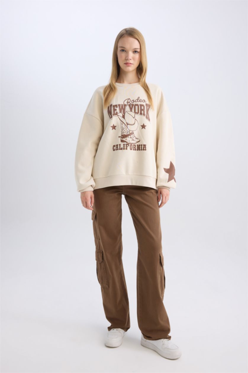 FEMME Beige Clair Sweat-Shirt Oversize à Col Rond Imprimé