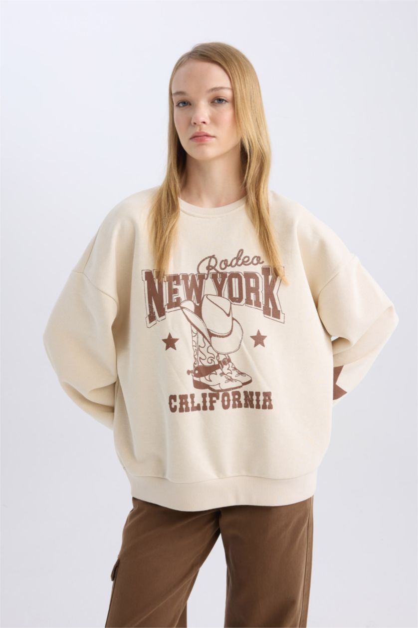 FEMME Beige Clair Sweat-Shirt Oversize à Col Rond Imprimé