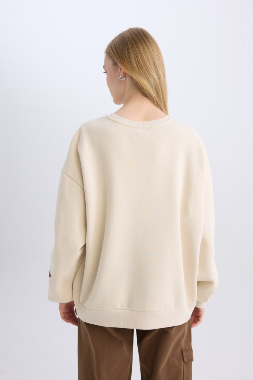 FEMME Beige Clair Sweat-Shirt Oversize à Col Rond Imprimé