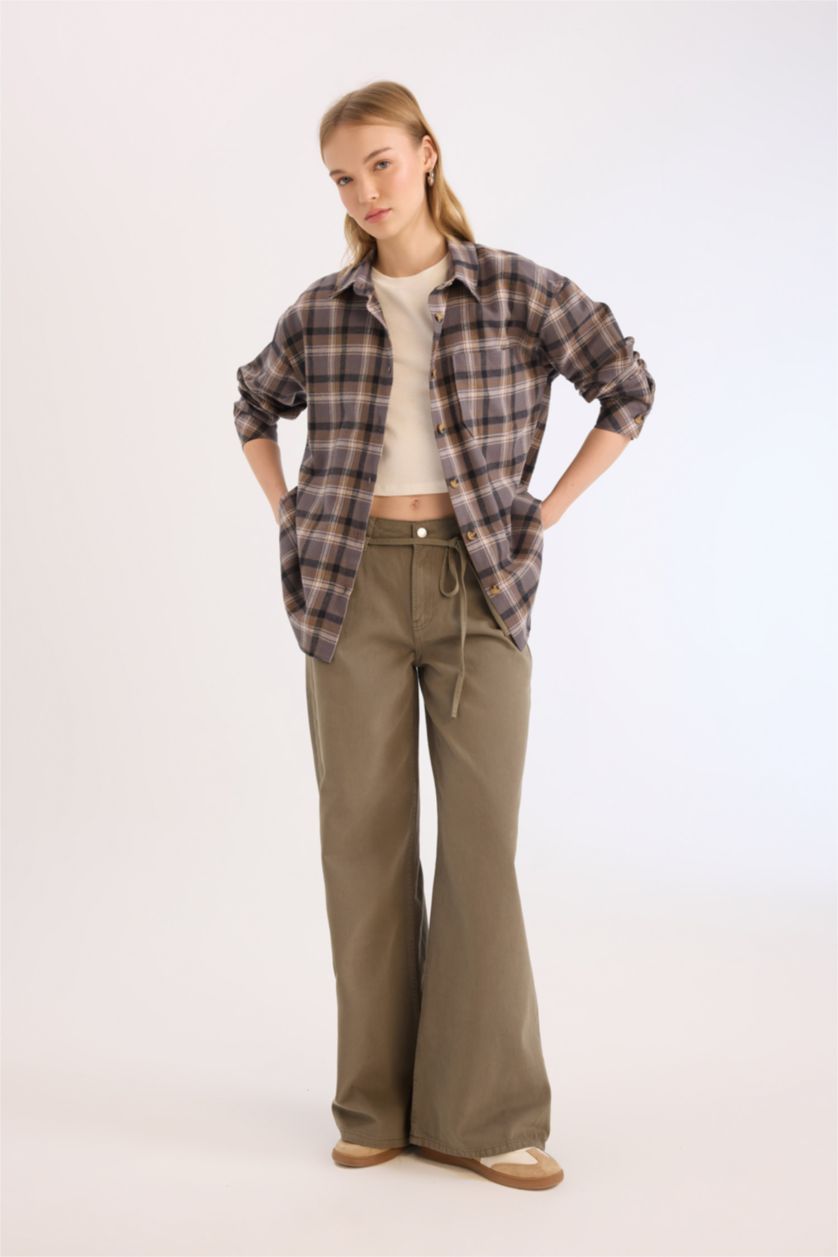 Kadın Bej Oversize Geniş Kalıp Kareli Flanel Uzun Kollu Oduncu Ceket Gömlek