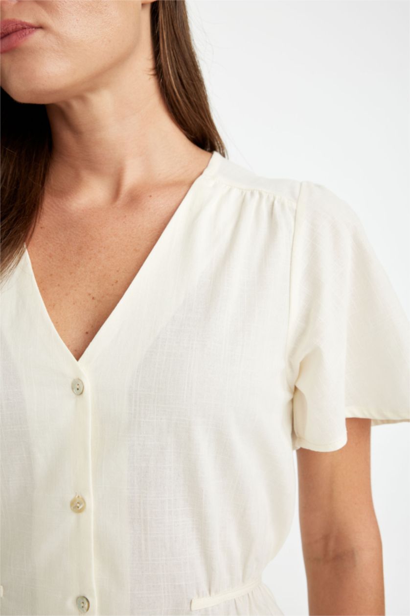 FEMME Écru Chemise À Manches Courtes Coupe régulière et Col en V