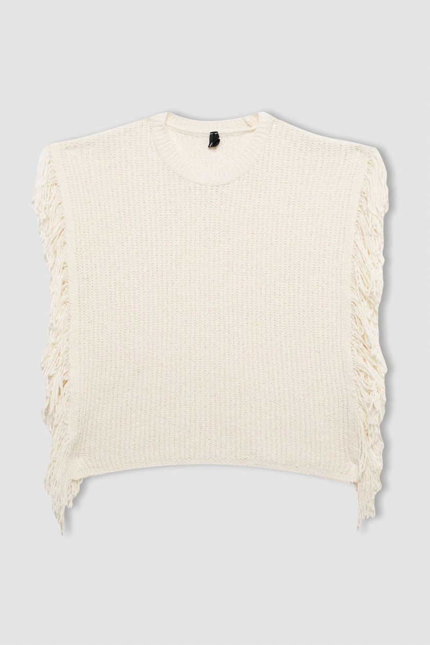 Kadın Ekru Relax Fit Bisiklet Yaka Basic Düz  Selanik Kumaş Püsküllü Triko Süveter