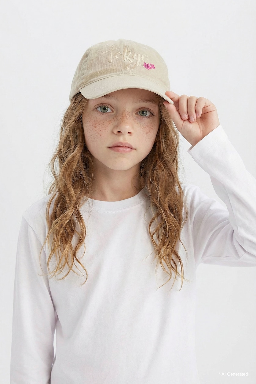 Young Girls - Teen Girls Beige Girl Embroidered Cotton Cap