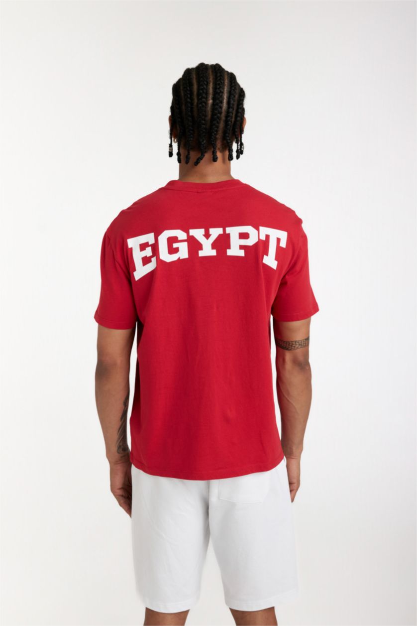 رجالي أحمر تيشيرت رياضي نص كم قصة عادية