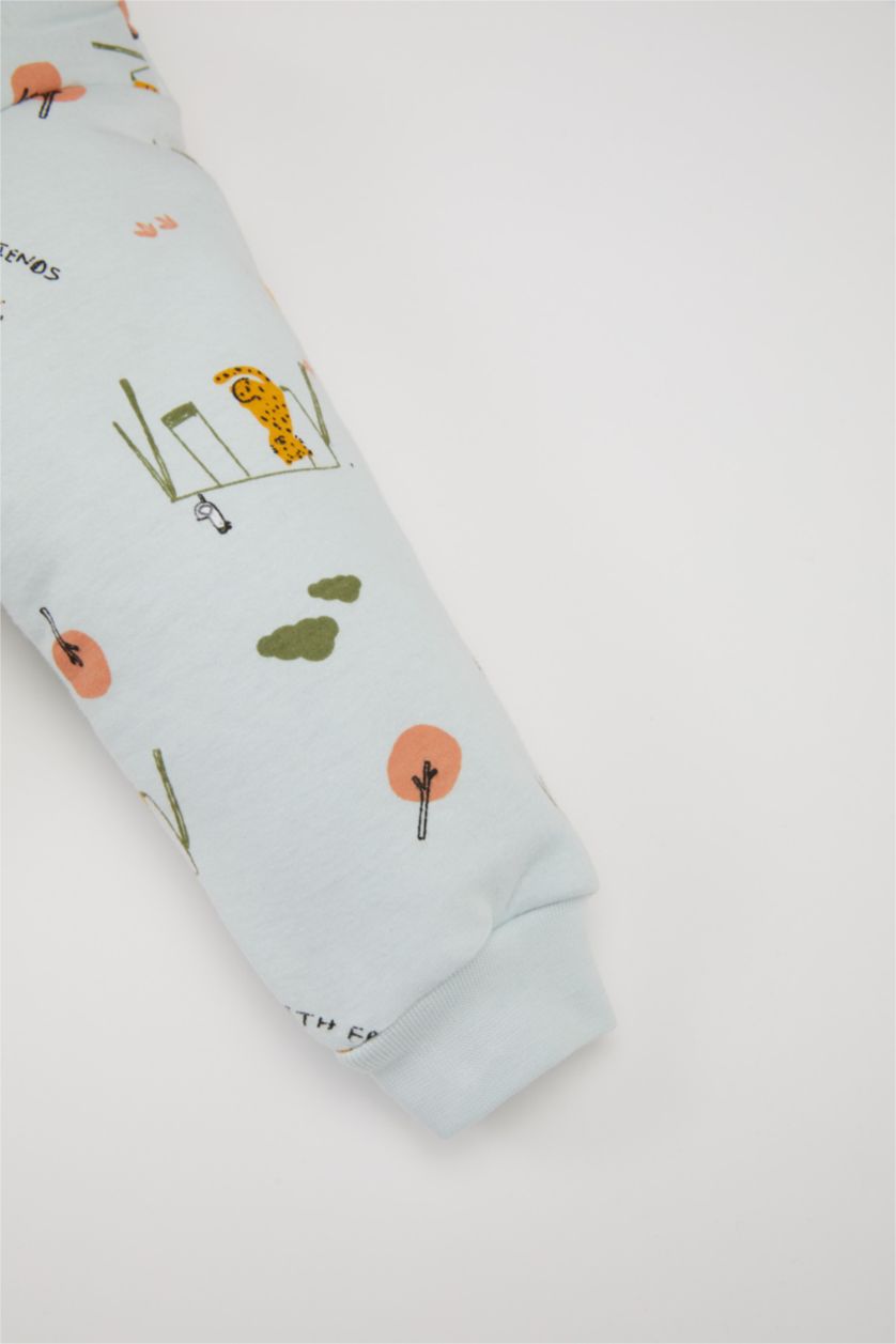 Erkek Bebek Açık Mavi Erkek Bebek Yenidoğan Dinozor Baskılı Fermuarlı 2,5 Tog Elyaf Penye Uzun Kollu Tulum