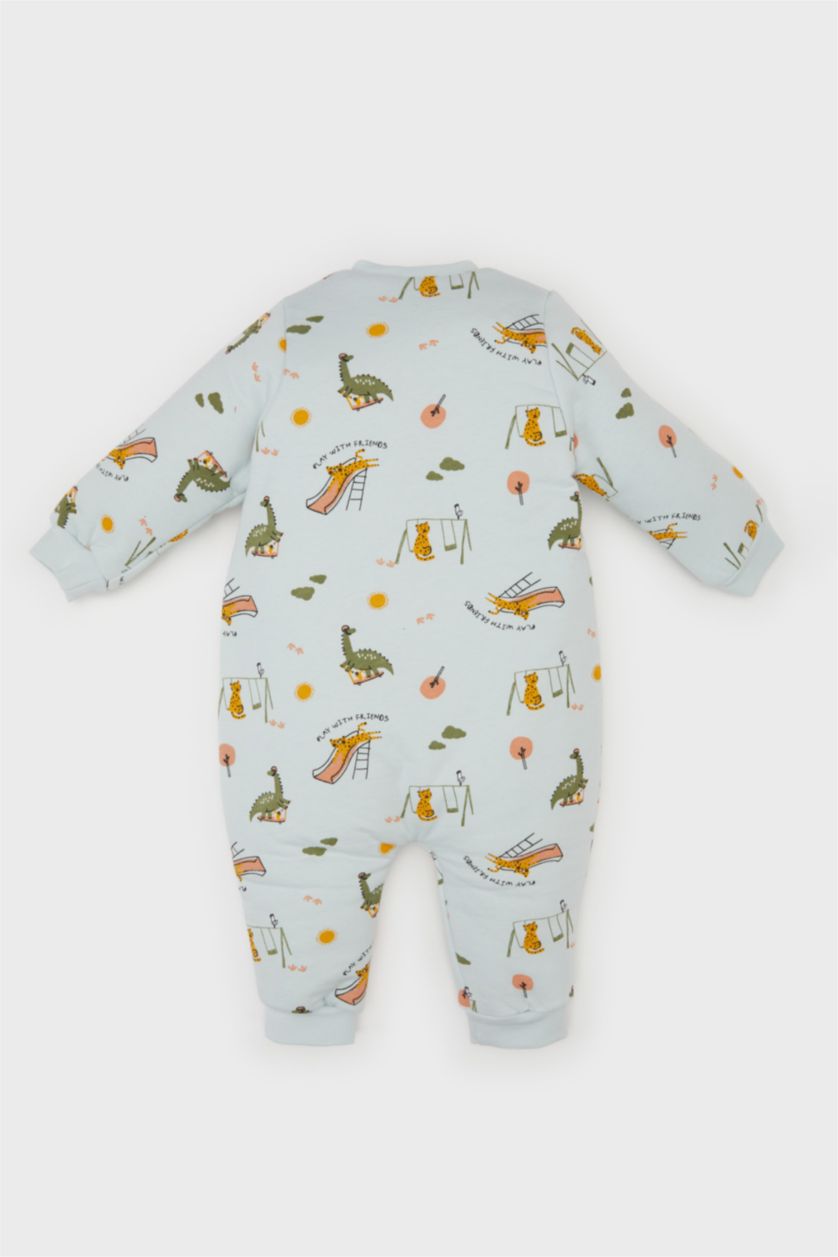 Erkek Bebek Açık Mavi Erkek Bebek Yenidoğan Dinozor Baskılı Fermuarlı 2,5 Tog Elyaf Penye Uzun Kollu Tulum
