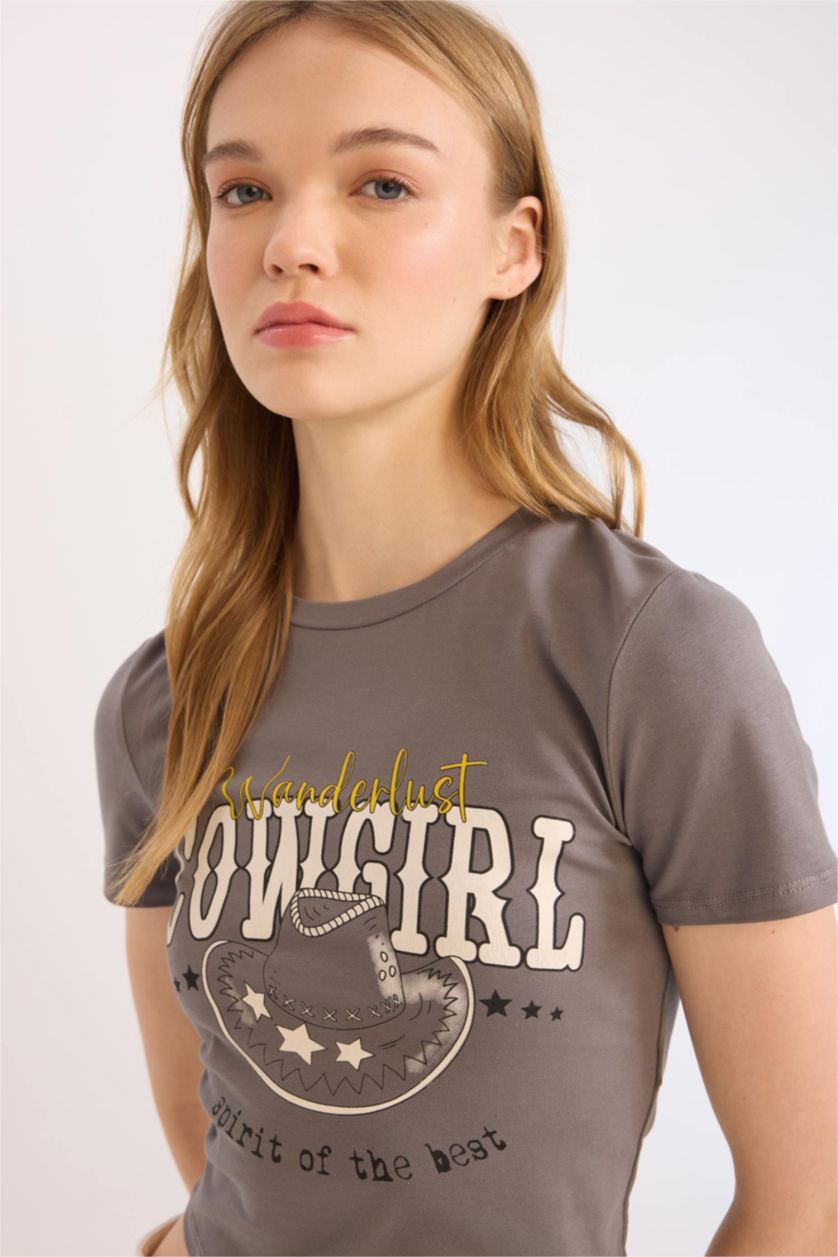 نساء رمادي داكن تيشيرت كروب نص ردن بياخة مستديرة