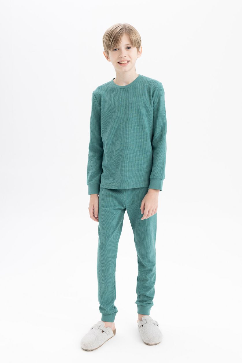 Erkek Çocuk - Genç Erkek Yeşil Pijama Takımı Uzun Kollu Waffle Üst Beli Lastikli Uzun Alt Erkek Çocuk