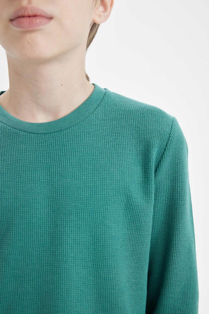 Erkek Çocuk - Genç Erkek Yeşil Pijama Takımı Uzun Kollu Waffle Üst Beli Lastikli Uzun Alt Erkek Çocuk