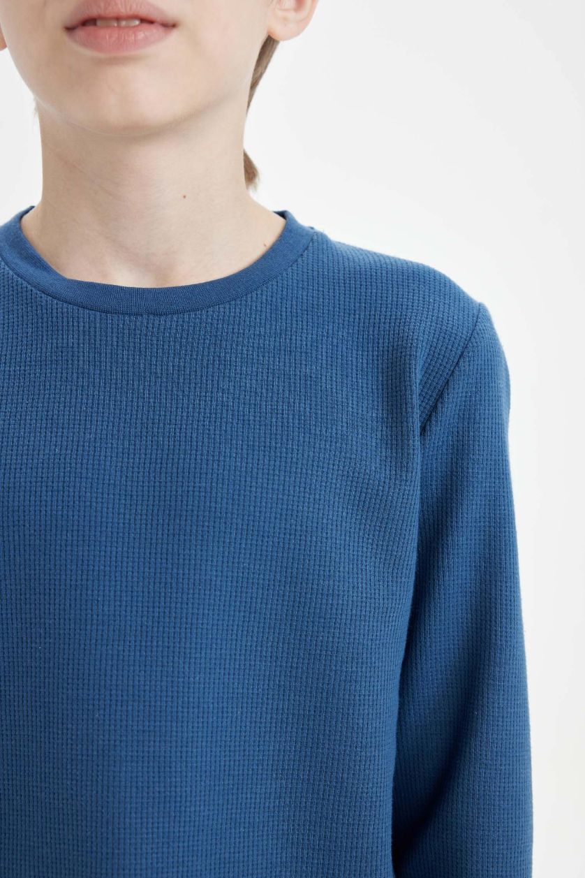 Erkek Çocuk - Genç Erkek İndigo Pijama Takımı Waffle Uzun Kollu Üst Uzun Alt Erkek Çocuk