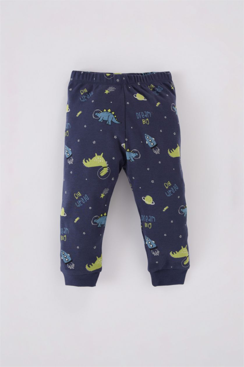 Erkek Bebek Lacivert Erkek Bebek Pijama Takımı Dinozor Baskılı Uzun Kollu Üst Uzun Alt