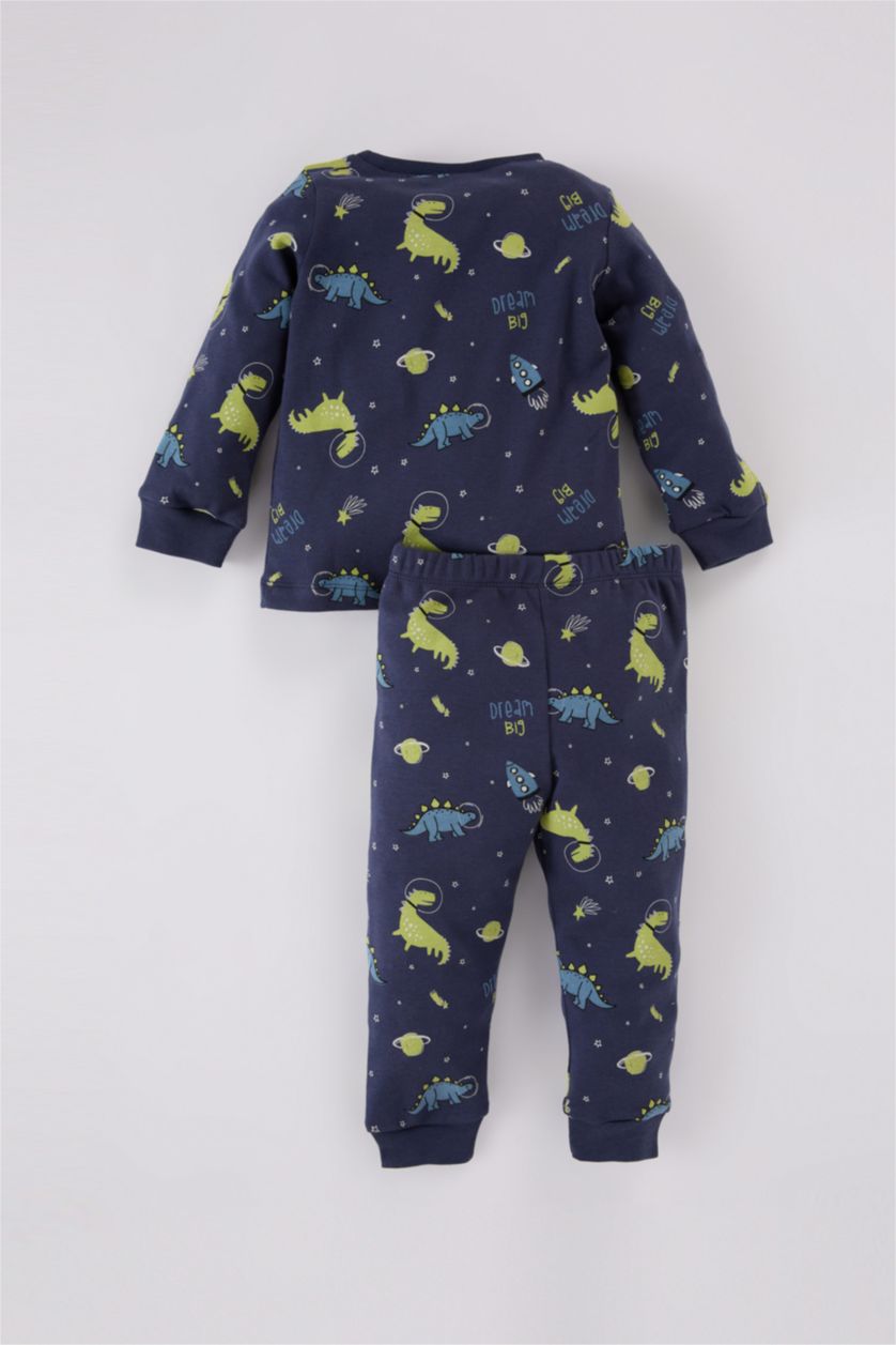 Erkek Bebek Lacivert Erkek Bebek Pijama Takımı Dinozor Baskılı Uzun Kollu Üst Uzun Alt