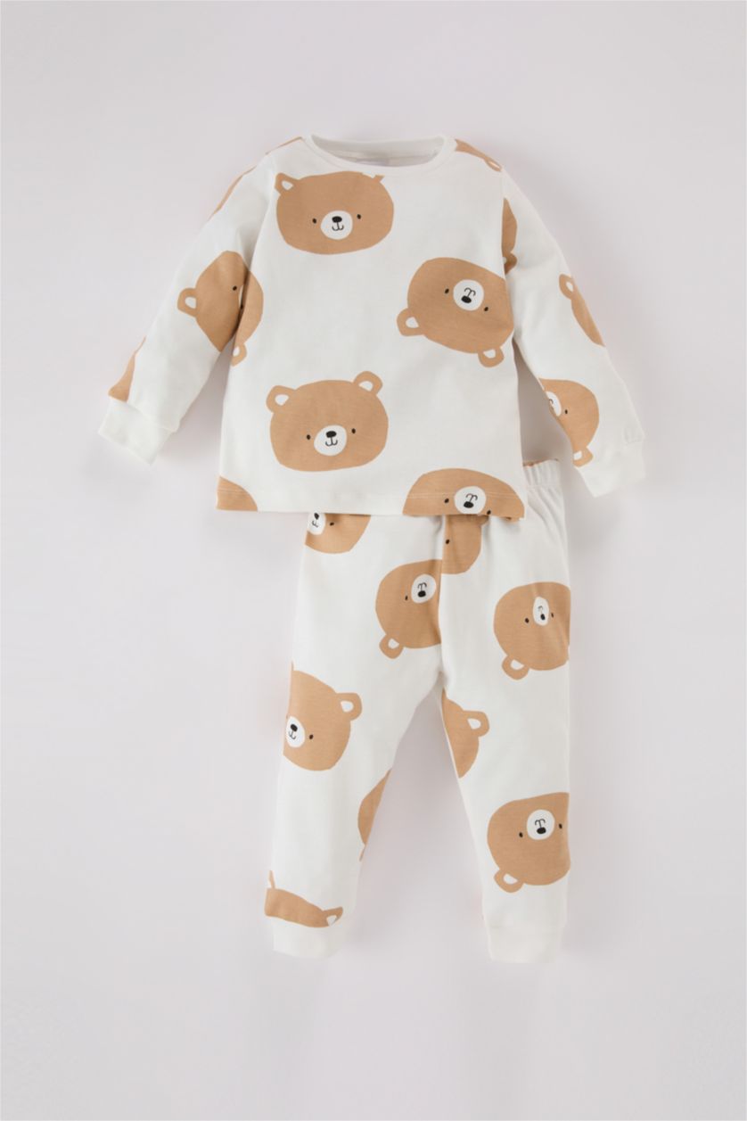 Erkek Bebek Ekru Erkek Bebek Pijama Takımı Ayı Desenli Bisiklet Yaka Uzun Kollu Üst Uzun Alt
