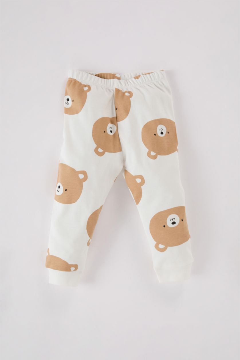 Erkek Bebek Ekru Erkek Bebek Pijama Takımı Ayı Desenli Bisiklet Yaka Uzun Kollu Üst Uzun Alt